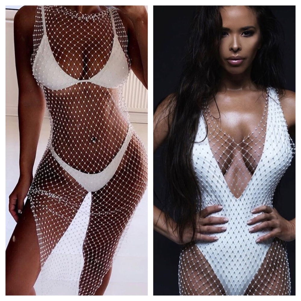 White Sheer Fishnet Rhinestone Dress
